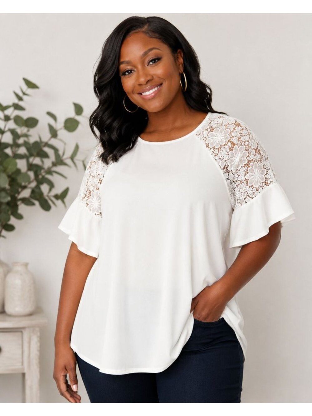Ronni Nicole White Lace Sleeve Swing Top Ruffle Cuff Blouse 20W